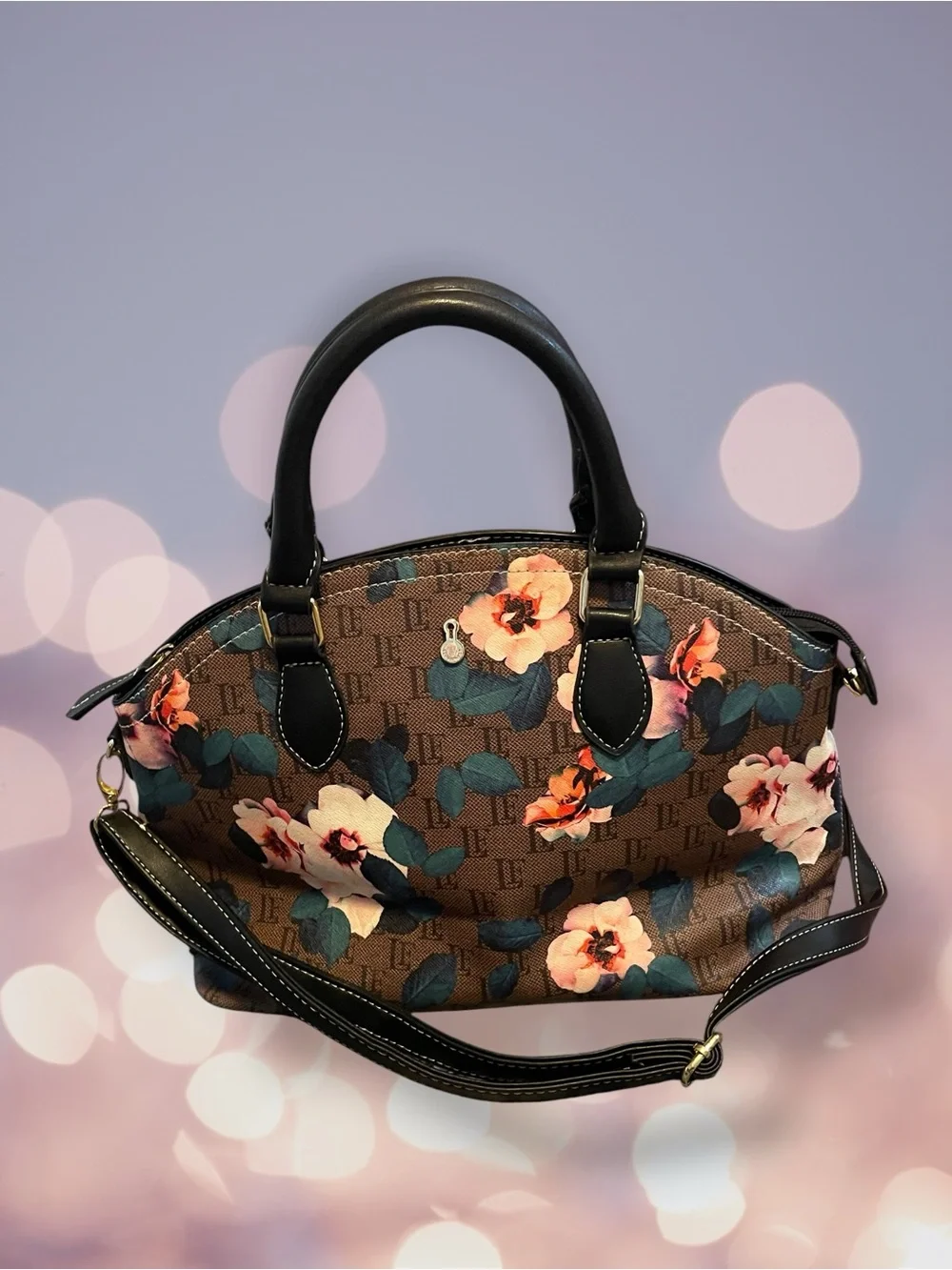 London Fog Floral Monogram Dome Satchel Handbag Brown Pink